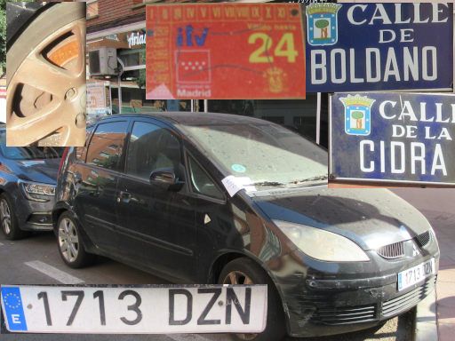 Vehículos abandonados, verlassene Fahrzeuge, Madrid, Spanien, Mitsubishi Colt, Kennzeichen 1713 DZN, Erstzulassung Mai 2006, Calle Boldano 44 / Calle Cidra, 28027 Madrid im August 2025