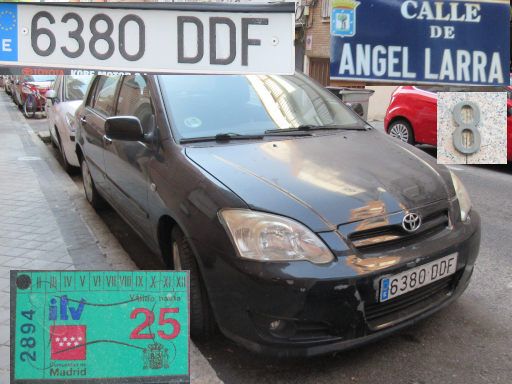 Vehículos abandonados, verlassene Fahrzeuge, Madrid, Spanien, Toyota Corolla, Kennzeichen 6380 DDF, Erstzulassung November 2004, Calle Angel Larra 8, 28027 Madrid im August 2025