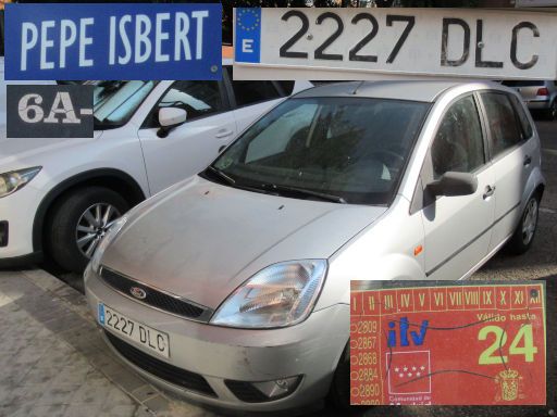 Vehículos abandonados, verlassene Fahrzeuge, Madrid, Spanien, Ford Fiesta, Kennzeichen 2227 DLC, Erstzulassung Januar 2005, Calle Pepe Isbert 6 A, 28017 Madrid im August 2025