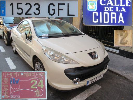 Vehículos abandonados, verlassene Fahrzeuge, Madrid, Spanien, Peugeot 207 CC, Kennzeichen 1523 GFL, Erstzulassung Juni 2008, Calle Cidra 2, 28027 Madrid im August 2025