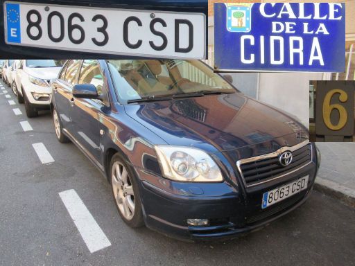 Vehículos abandonados, verlassene Fahrzeuge, Madrid, Spanien, Toyota Avensis, Kennzeichen 8063 CSD, Erstzulassung Februar 2004, Calle Cidra 6, 28027 Madrid im August 2025
