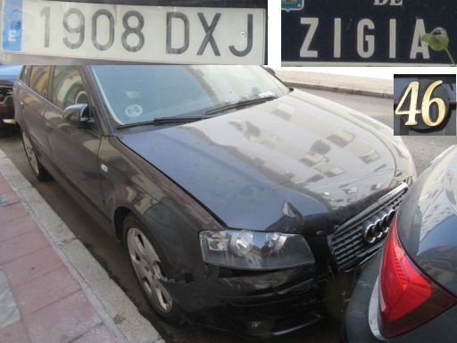Vehículos abandonados, verlassene Fahrzeuge, Madrid, Spanien, Audi A3, Kennzeichen 1908 DXJ, Erstzulassung Januar 2005, Calle Zigia 46, 28027 Madrid im August 2025