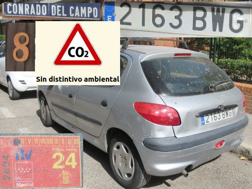 Vehículos abandonados, verlassene Fahrzeuge, Madrid, Spanien, Peugeot 206 HDI, Kennzeichen 2163 BWG, Erstzulassung Mai 2002, Calle Conrado del Campo 8, 28027 Madrid im August 2025