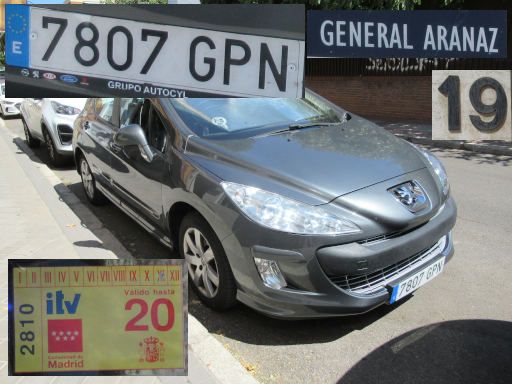 Veh&iacute;culos abandonados, verlassene Fahrzeuge, Madrid, Spanien, Peugeot 308, Kennzeichen 7807 GPN, Erstzulassung September 2009, Calle General Aranaz 19, 28027 Madrid im August 2026
