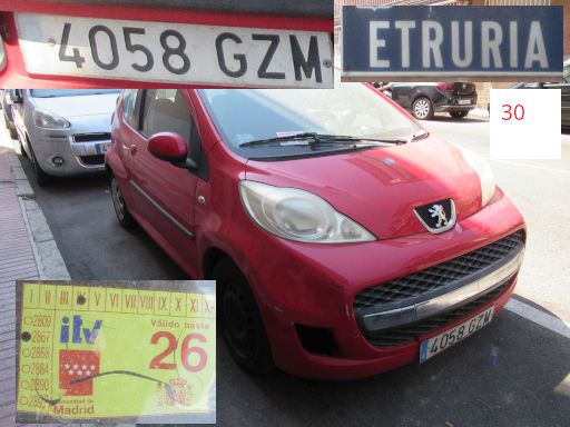 Veh&iacute;culos abandonados, verlassene Fahrzeuge, Madrid, Spanien, Peugeot 107, Kennzeichen 4058 GZM, Erstzulassung November 2010, Calle Etruria 30, 28022 Madrid im August 2026