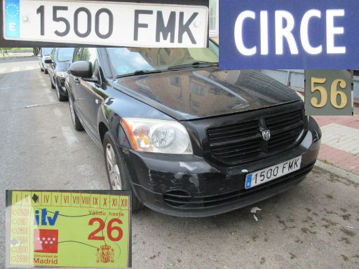 Veh&iacute;culos abandonados, verlassene Fahrzeuge, Madrid, Spanien, Dodge Caliber, Kennzeichen 1500 FMK, Erstzulassung M&auml;rz 2007, Calle Circe 56, 28022 Madrid im August 2026