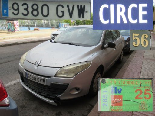 Veh&iacute;culos abandonados, verlassene Fahrzeuge, Madrid, Spanien, Renault Megane dCi, Kennzeichen 9380 GVW, Erstzulassung April 2010, Calle Circe 56, 28022 Madrid im August 2026