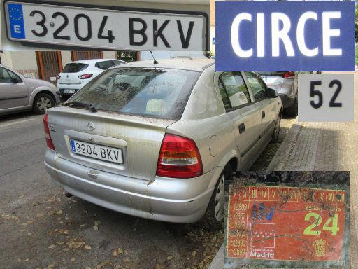 Veh&iacute;culos abandonados, verlassene Fahrzeuge, Madrid, Spanien, Opel Astra 1.6 16V, Kennzeichen 3204 BKV, Erstzulassung Juni 2001, Calle Circe 52, 28022 Madrid im August 2026
