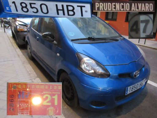 Veh&iacute;culos abandonados, verlassene Fahrzeuge, Madrid, Spanien, Toyota Aygo, Kennzeichen 1850 HBT, Erstzulassung Februar 2011, Calle Prudencio Alvaro 47, 28027 Madrid im August 2026