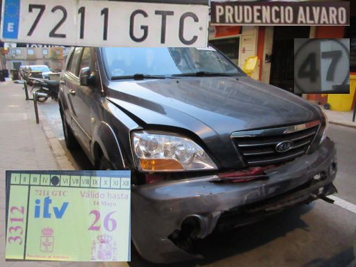 Veh&iacute;culos abandonados, verlassene Fahrzeuge, Madrid, Spanien, Kia Sorento EX, Kennzeichen 7211 GTC, Erstzulassung Februar 2010, Calle Prudencio Alvaro 47, 28027 Madrid im August 2026