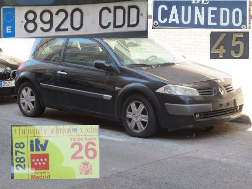 Veh&iacute;culos abandonados, verlassene Fahrzeuge, Madrid, Renault Megane, Kennzeichen 8920 CDD, Erstzulassung Januar 2003, Calle Caunedo 45, 28037 Madrid im August 2026