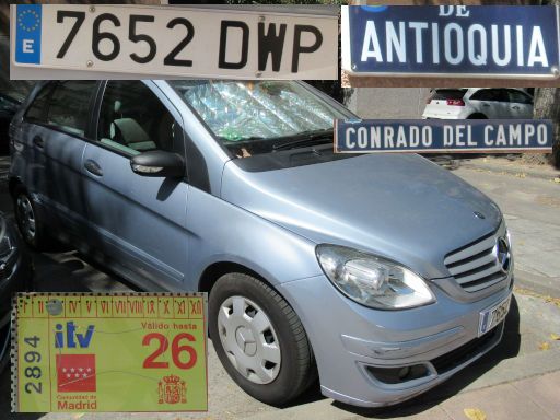 Veh&iacute;culos abandonados, verlassene Fahrzeuge, Madrid, Spanien, Mercedes-Benz B 150, Kennzeichen 7652 DWP, Erstzulassung Januar 2005, Calle Antioquia / Calle Conrado del Campo, 28027 Madrid im August 2026