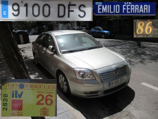 Veh&iacute;culos abandonados, verlassene Fahrzeuge, Madrid, Spanien, Toyota Avensis, Kennzeichen 9100 DFS, Erstzulassung Januar 2005, Calle Emilio Ferrari 86, 28017 Madrid im August 2026