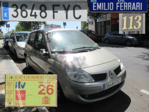 Veh&iacute;culos abandonados, verlassene Fahrzeuge, Madrid, Spanien, Renault Scenic, Kennzeichen 3648 FYC, Erstzulassung Dezember 2007, Calle Emilio Ferrari 113, 28017 Madrid im August 2026