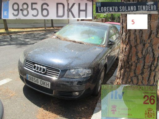 Veh&iacute;culos abandonados, verlassene Fahrzeuge, Madrid, Spanien, Audi A3 2.0, Kennzeichen 9856 DKH, Erstzulassung Januar 2005, Calle Lorenzo Solano Tendero 5, 28043 Madrid im August 2026