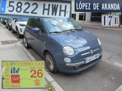 Veh&iacute;culos abandonados, verlassene Fahrzeuge, Madrid, Spanien, Fiat 500, Kennzeichen 5822 HWH, Erstzulassung Mai 2014, Calle Lopez de Aranda 17 H, 28027 Madrid im August 2026