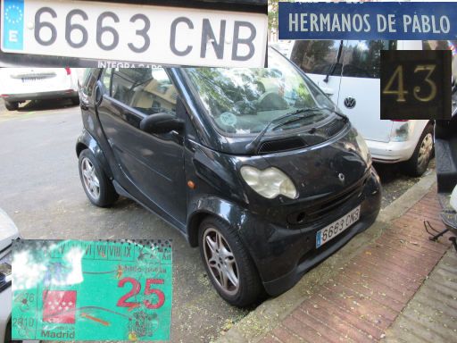 Veh&iacute;culos abandonados, verlassene Fahrzeuge, Madrid, Spanien, Smart fortwo, Kennzeichen 6663 CNB, Erstzulassung Oktober 2003, Calle Hermanos de Pablo 43, 28027 Madrid im August 2026