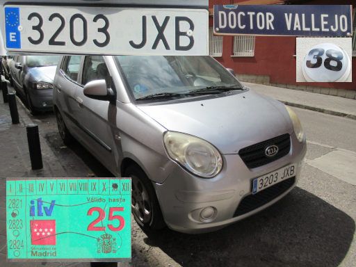 Veh&iacute;culos abandonados, verlassene Fahrzeuge, Madrid, Spanien, Kia Picanto, Kennzeichen 3203 JXB, Erstzulassung Februar 2017, Calle Doctor Vallejo 38, 28027 Madrid im August 2026
