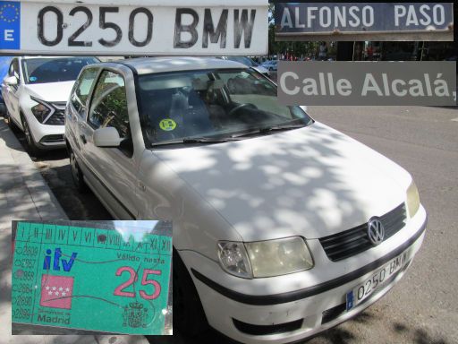 Veh&iacute;culos abandonados, verlassene Fahrzeuge, Madrid, Spanien, Volkswagen Polo, Kennzeichen 0250 BMW, Erstzulassung September 2001, Calle Alfonso Paso / Calle Alcala, 28017 Madrid im August 2026