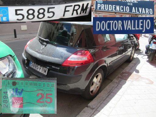 Veh&iacute;culos abandonados, verlassene Fahrzeuge, Madrid, Spanien, Renault Megane, Kennzeichen 5885 FRM, Erstzulassung Juni 2007, Calle Prudencio Alvaro / Calle Doctor Vallejo, 28027 Madrid im August 2026