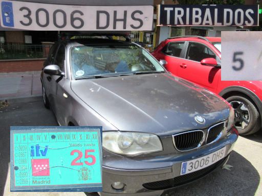 Veh&iacute;culos abandonados, verlassene Fahrzeuge, Madrid, Spanien, BMW 1er Serie, Kennzeichen 3006 DHS, Erstzulassung Januar 2005, Calle Tribaldos 5, 28043 Madrid im August 2026