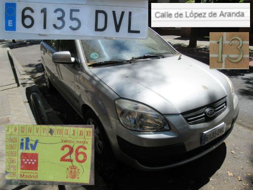 Veh&iacute;culos abandonados, verlassene Fahrzeuge, Madrid, Spanien, Kia Rio, Kennzeichen 6135 DVL, Erstzulassung Januar 2005, Calle Lopez de Aranda 13, 28027 Madrid im August 2026