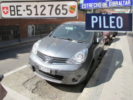 Veh&iacute;culos abandonados, verlassene Fahrzeuge, Madrid, Spanien, Nissan Note, Kennzeichen Schweiz BE 512765, Erstzulassung unbekannt, Calle Estrecho de Gibraltar / Calle Pileo, 28027 Madrid im August 2026