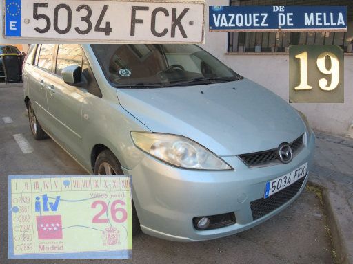 Veh&iacute;culos abandonados, verlassene Fahrzeuge, Madrid, Spanien, Mazda 5, Kennzeichen 5034 FCK, Erstzulassung Juli 2006, Calle Vazquez de Mella 19, 28017 Madrid im August 2026