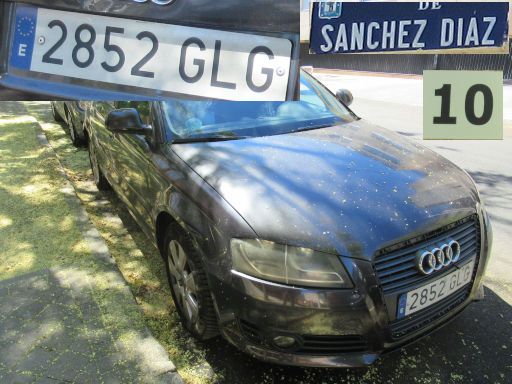 Veh&iacute;culos abandonados, verlassene Fahrzeuge, Madrid, Spanien, Audi A3, Kennzeichen 2852 GLG, Erstzulassung M&auml;rz 2009, Calle Sanchez Diaz 10, 28027 Madrid im August 2026