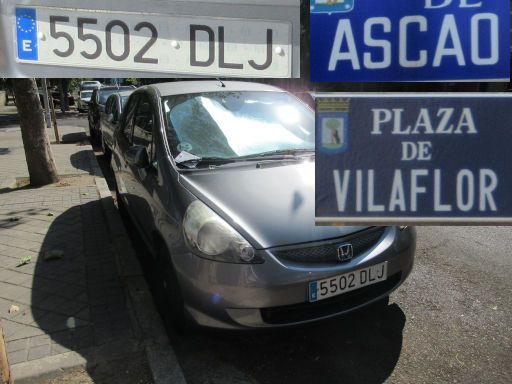 Veh&iacute;culos abandonados, verlassene Fahrzeuge, Madrid, Spanien, Honda Jazz, Kennzeichen 5502 DLJ, Erstzulassung Januar 2005, Calle Ascao / Plaza Vilafor, 28017 Madrid im August 2026