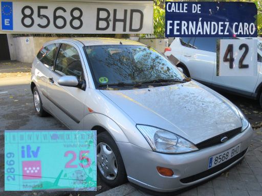 Vehículos abandonados, verlassene Fahrzeuge, Madrid, Spanien, Ford Focus, Kennzeichen 8568 BHD, Erstzulassung April 2001, Calle Fernandez Caro 42, 28027 Madrid im Dezember 2025