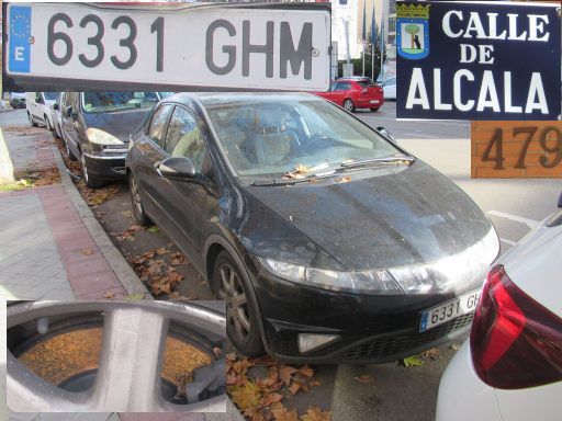 Veh&iacute;culos abandonados, verlassene Fahrzeuge, Madrid, Spanien, Honda Civic, Kennzeichen 6331 GHM, Erstzulassung September 2008, Calle Alcala 479, 28027 Madrid im Dezember 2025