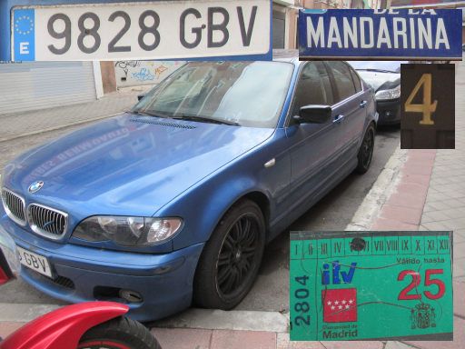 Veh&iacute;culos abandonados, verlassene Fahrzeuge, Madrid, Spanien, BMW 3er Serie, Kennzeichen 9828 GBV, Erstzulassung M&auml;rz 2008, Calle Mandarina 4, 28027 Madrid im Dezember 2025