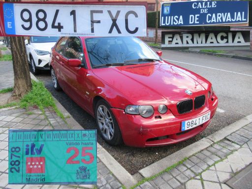 Veh&iacute;culos abandonados, verlassene Fahrzeuge, Madrid, Spanien, BMW 1er Serie, Kennzeichen 9841 FXC, Erstzulassung November 2007, Calle Luisa de Carvajal, 28037 Madrid im Februar 2026