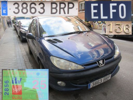 Veh&iacute;culos abandonados, verlassene Fahrzeuge, Madrid, Spanien, Peugeot 206, Kennzeichen 3863 BRP, Erstzulassung Dezember 2001, Calle Elfo 136, 28027 Madrid im Februar 2026
