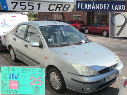 Veh&iacute;culos abandonados, verlassene Fahrzeuge, Madrid, Spanien, Ford Focus, Kennzeichen 7551 CRB, Erstzulassung Dezember 2002, Calle Fernandez Caro 9, 28027 Madrid im Januar 2026