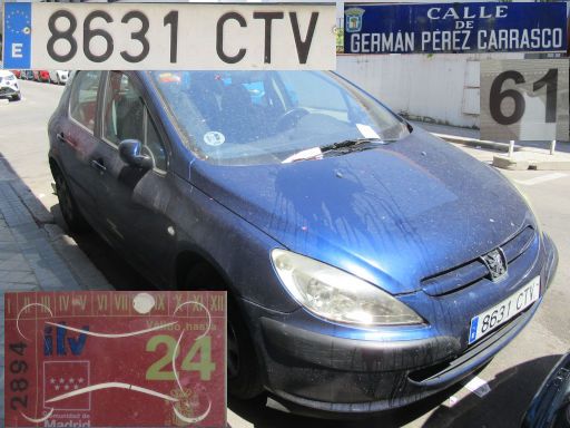 Vehículos abandonados, verlassene Fahrzeuge, Madrid, Spanien, Peugeot 307, Kennzeichen 8631 CTV, Erstzulassung April 2004, Calle German Perez Carrasco 61, 28027 Madrid im Juli 2025