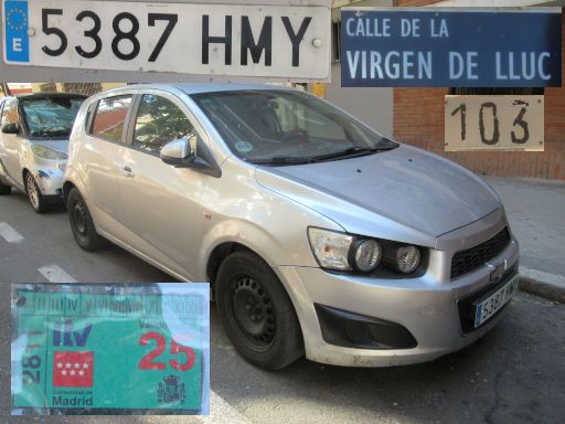 Vehículos abandonados, verlassene Fahrzeuge, Madrid, Spanien, Chevrolet Aveo, Kennzeichen 5387 HMY, Erstzulassung Dezember 2012, Calle Virgen de Lluc 103, 28027 Madrid im Juli 2025