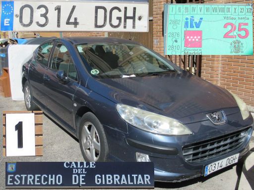 Vehículos abandonados, verlassene Fahrzeuge, Madrid, Spanien, Peugeot 407, Kennzeichen 0314 DGH, Erstzulassung Januar 2005, Calle Estrecho de Gibraltar 1, 28027 Madrid im Juli 2025
