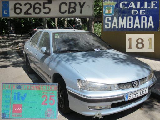 Vehículos abandonados, verlassene Fahrzeuge, Madrid, Spanien, Peugeot 406, Kennzeichen 6265 CBY, Erstzulassung November 2002, Calle Sambara 181, 28027 Madrid im Juli 2025