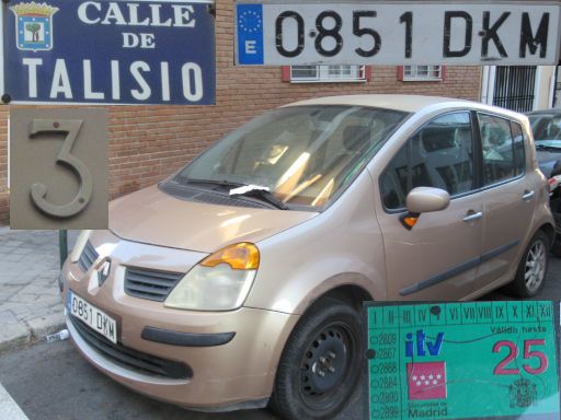 Vehículos abandonados, verlassene Fahrzeuge, Madrid, Spanien, Renault Modus, Kennzeichen 0851 DKM, Erstzulassung Januar 2005, Calle Talisio 3, 28027 Madrid im Juli 2025