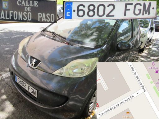 Vehículos abandonados, verlassene Fahrzeuge, Madrid, Spanien, Peugeot 107, Kennzeichen 6802 FGM, Erstzulassung Oktober 2006, Calle Alfonso Paso, 28021 Madrid im Juli 2025