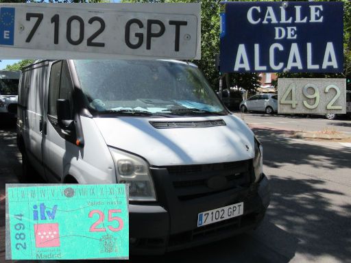 Vehículos abandonados, verlassene Fahrzeuge, Madrid, Spanien, Ford Transit, Kennzeichen 7102 GPT, Erstzulassung September 2009, Calle Alcala 492, 28027 Madrid im Juli 2025