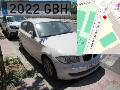 Vehículos abandonados, verlassene Fahrzeuge, Madrid, Spanien, BMW 1er, Kennzeichen 2022 GBH, Erstzulassung Februar 2008, Calle Jose del Hierro, 28027 Madrid im Juli 2025