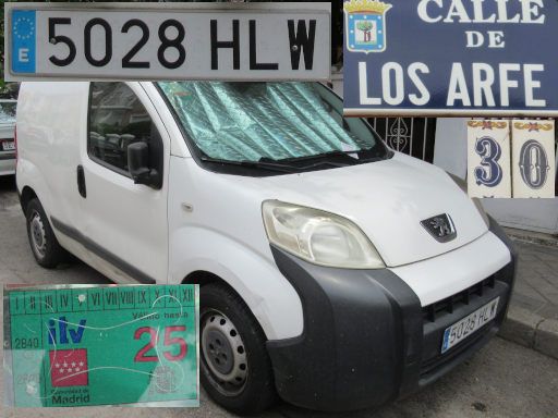 Vehículos abandonados, verlassene Fahrzeuge, Madrid, Spanien, Peugeot Bipper, Kennzeichen 5028 HLW, Erstzulassung August 2012, Calle Los Arfe 30, 28027 Madrid im Juli 2025