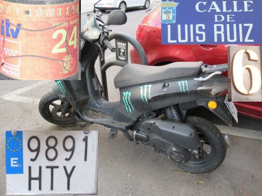 Vehículos abandonados, verlassene Fahrzeuge, Madrid, Spanien, Motorroller, Kennzeichen 9891 HTY, Erstzulassung Dezember 2013, Calle Luis Ruiz 6, 28021 Madrid im Juli 2025