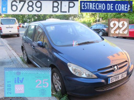 Vehículos abandonados, verlassene Fahrzeuge, Madrid, Spanien, Peugeot 307, Kennzeichen 6789 BLP, Erstzulassung Juli 2001, Calle Estrecho de Corea 22, 28027 Madrid im Juli 2025