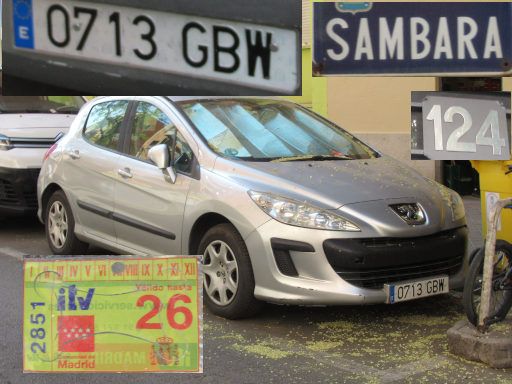 Veh&iacute;culos abandonados, verlassene Fahrzeuge, Madrid, Spanien, Peugeot 308, Kennzeichen 0713 GBW, Erstzulassung M&auml;rz 2008, Calle Sambara 124, 28027 Madrid im Juli 2026