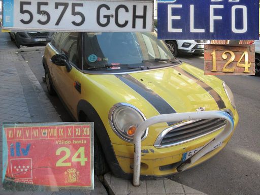 Veh&iacute;culos abandonados, verlassene Fahrzeuge, Madrid, Spanien, Mini One, Kennzeichen 5575 GCH, Erstzulassung M&auml;rz 2008, Calle Elfo 124, 28027 Madrid im Juli 2026