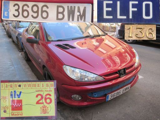 Veh&iacute;culos abandonados, verlassene Fahrzeuge, Madrid, Spanien, Peugeot 206 CC, Kennzeichen 3696 BWM, Erstzulassung Mai 2002, Calle Elfo 136, 28027 Madrid im Juli 2026